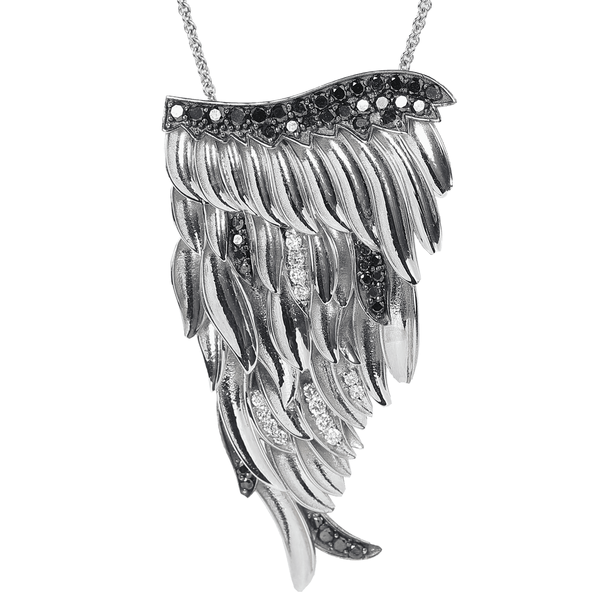 18kt White Gold, White Diamond (0.26ct) & Black Diamond (1.38ct) Angel Large Wing Pendant image 0