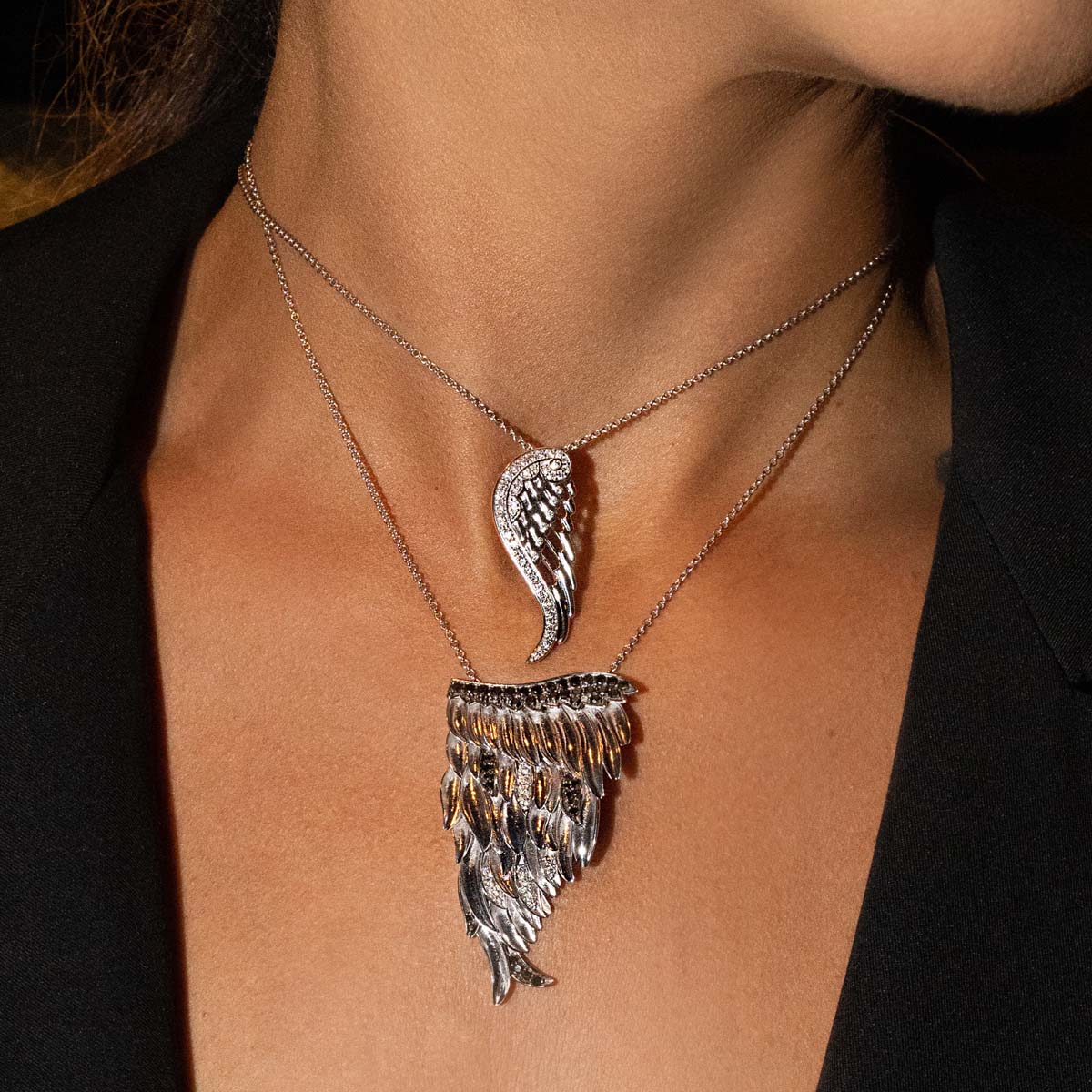 Sterling Silver, White Diamond (0.26ct) & Black Diamond (1.38ct) Angel Large Wing Pendant image 5