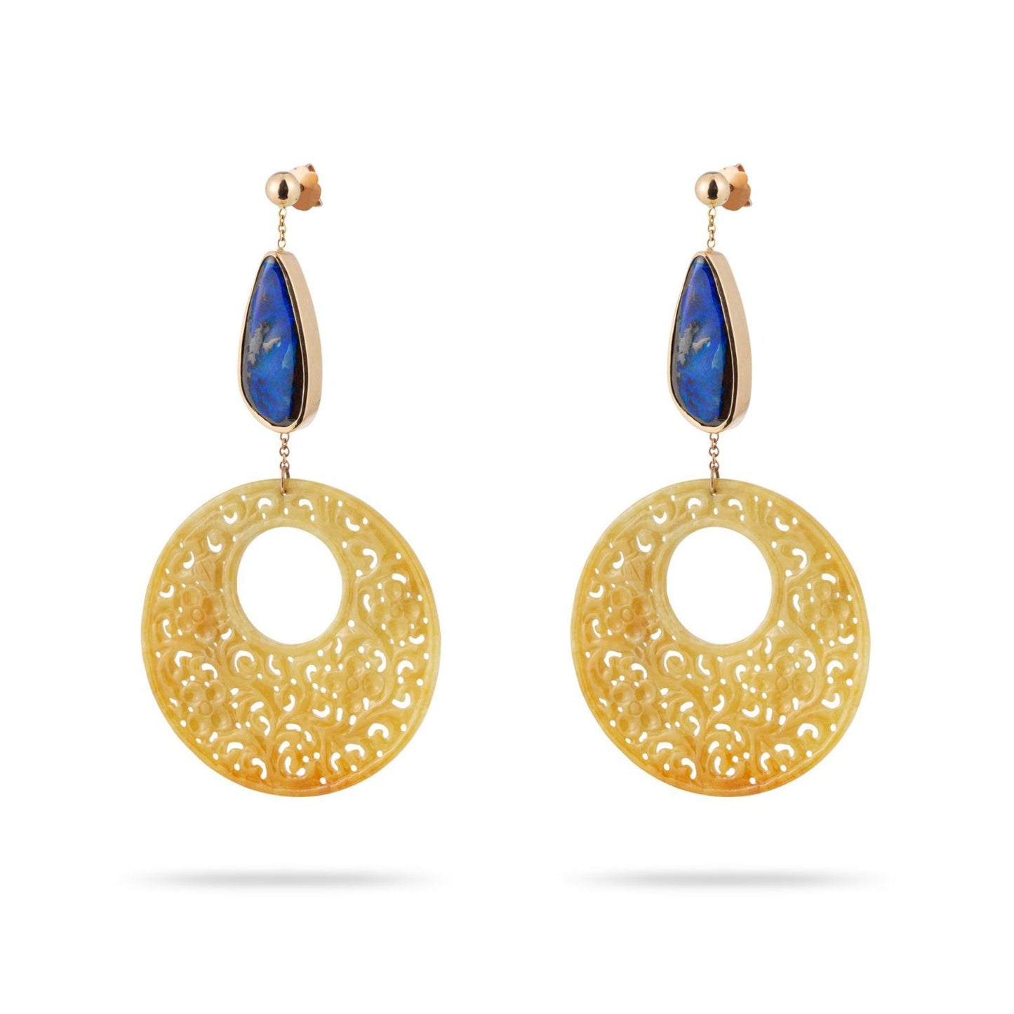 Honey Jade and Blue Opal Earrings in Yellow Gold 18k image 1