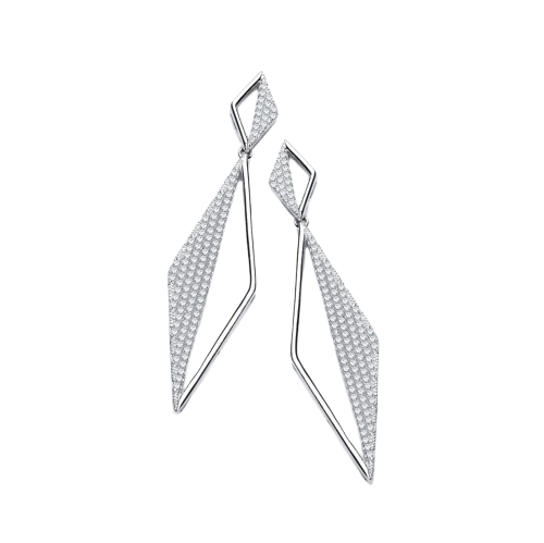 Long Triangle Pave' Cz Drop Silver Earrings