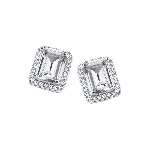 Micro Pave Emerald Cut Cz Silver Stud Earrings