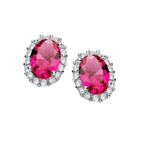Oval Red CZ Stud Silver Earrings