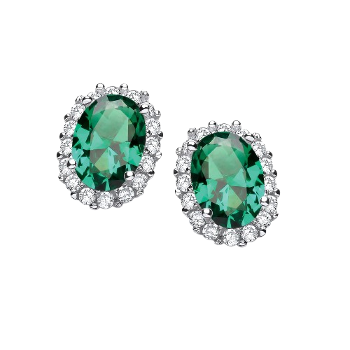 Oval Green CZ Stud Silver Earrings