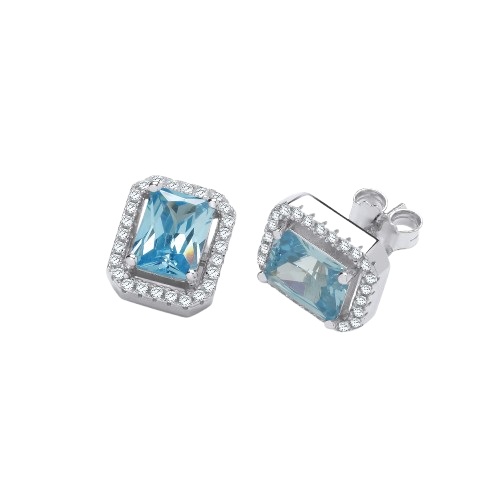 Silver Blue CZs Halo Stud Earrings