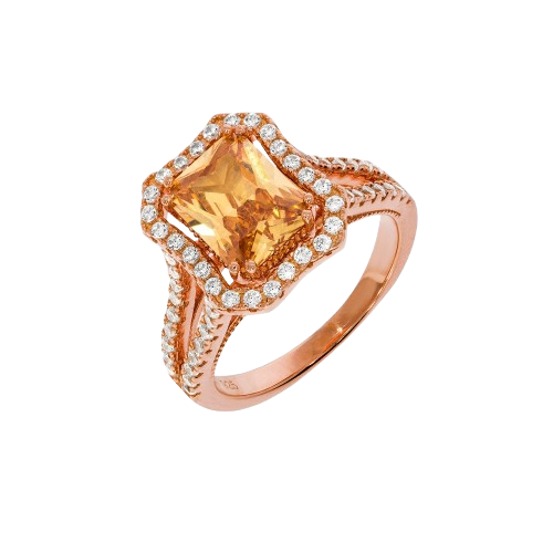 Micro Pave Rose Coated Champagne Centre Silver Cz Ring