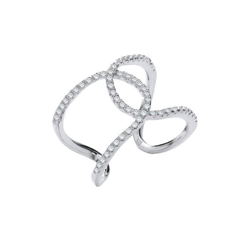 Micro Pave Cz Two Row Interlocking Cuff Silver Ring