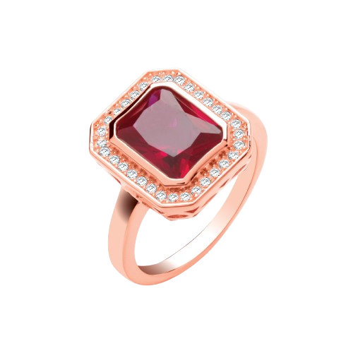 Red Corundum Emerald Cut RG Plated Silver Ring