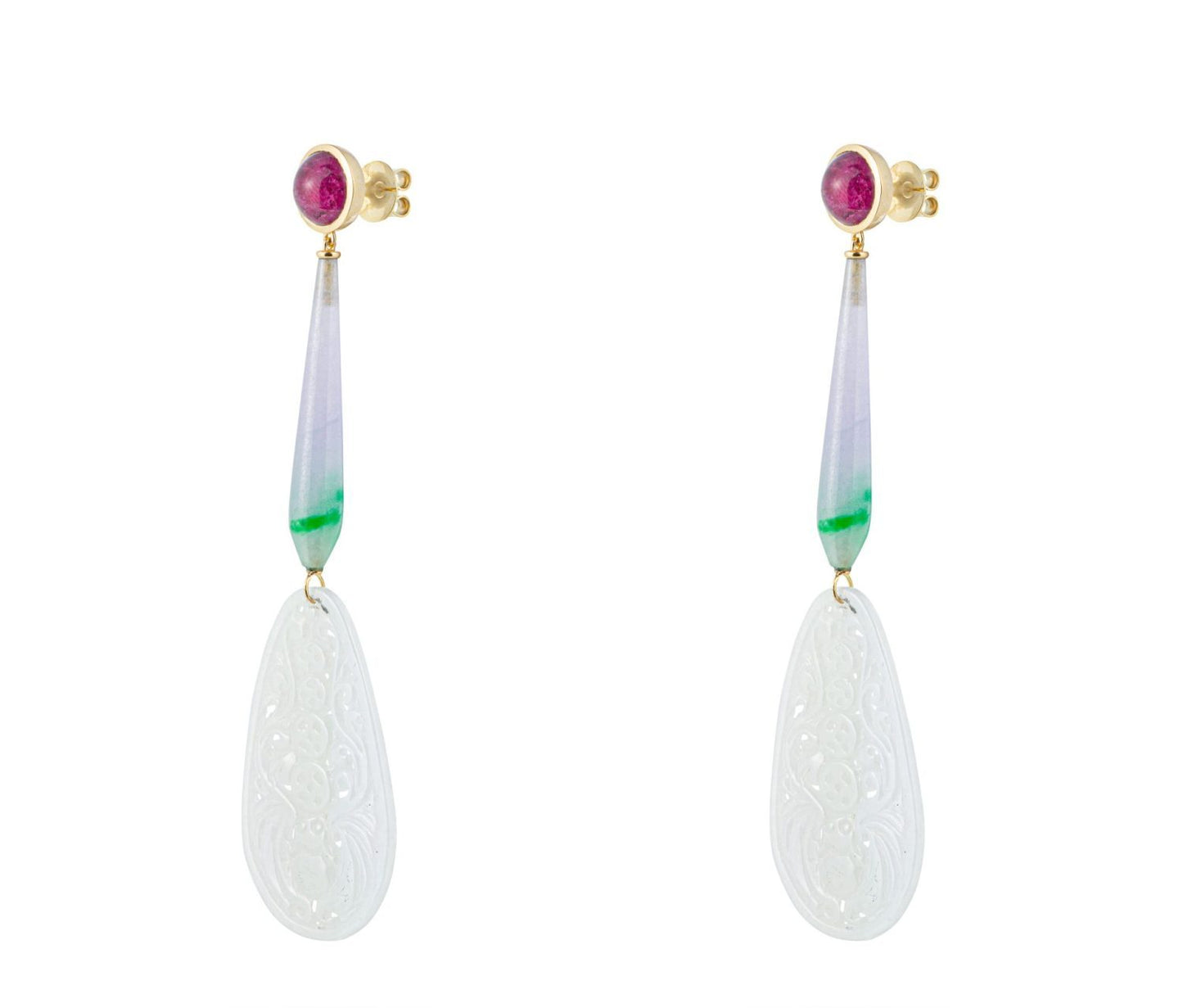 White, Green and Violet Jade and Rubellite Cabochon Earrings in Gold 18k image 0