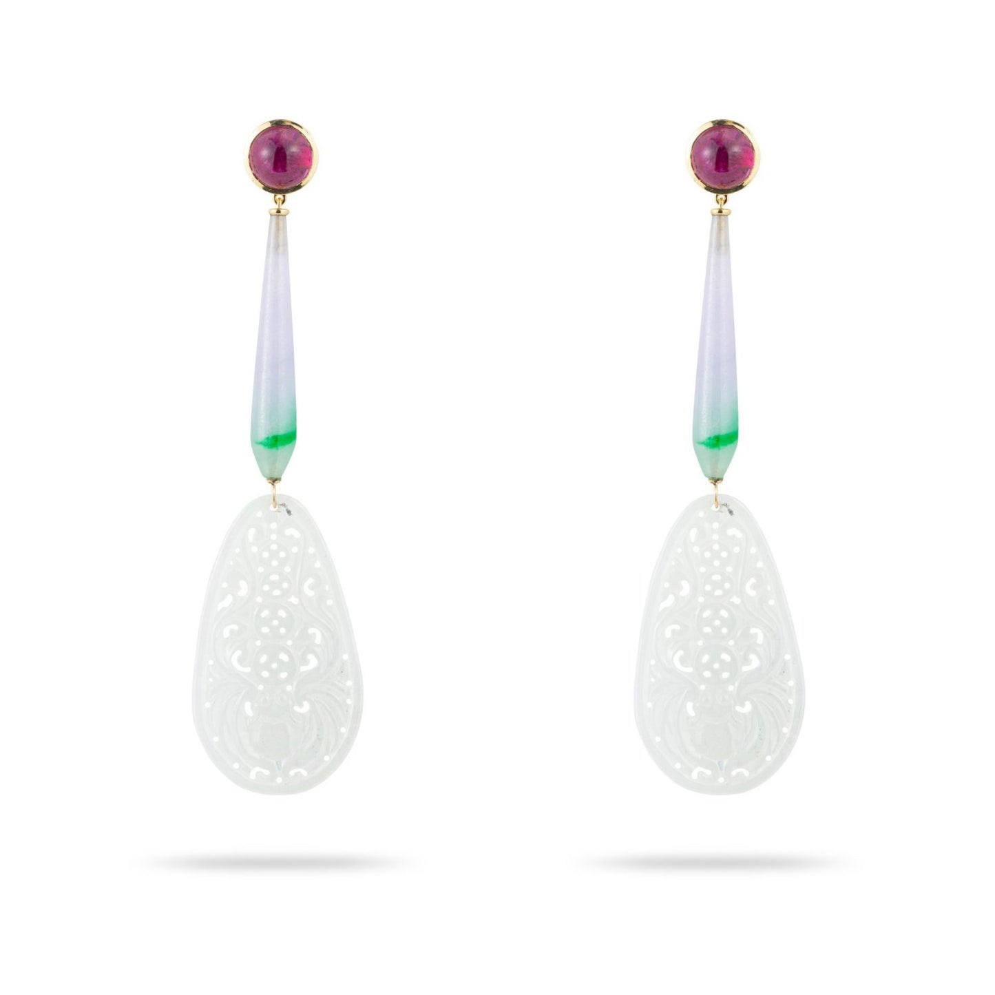 White, Green and Violet Jade and Rubellite Cabochon Earrings in Gold 18k image 1