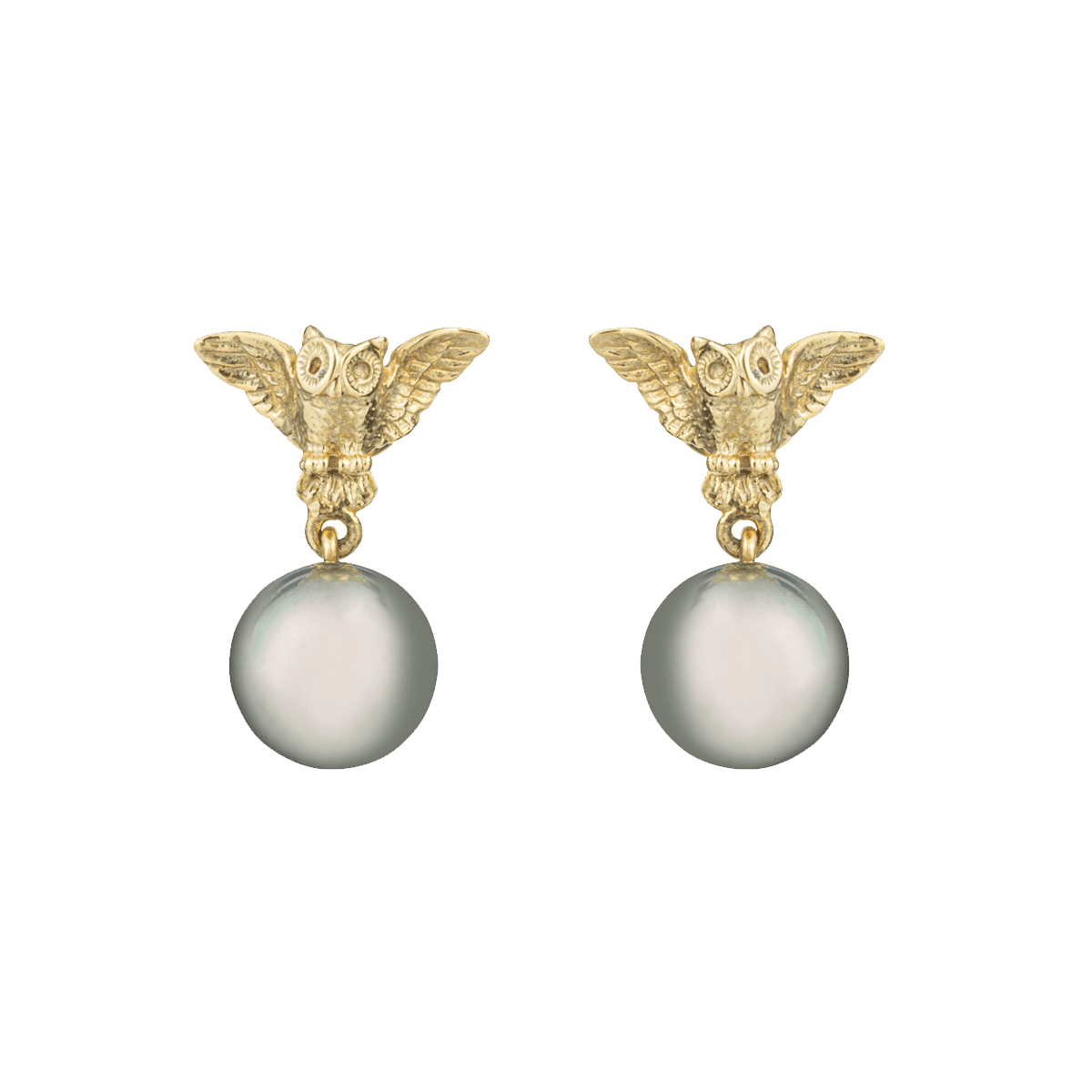 Yellow Gold & Grey Tahiti Pearl Owl Stud Earrings image 0