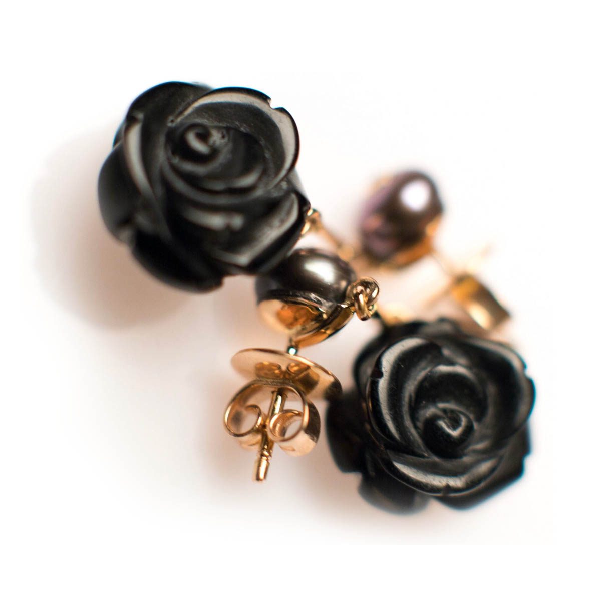 Onyx, Ruby and Pearl Rose Drop Earrings image 1