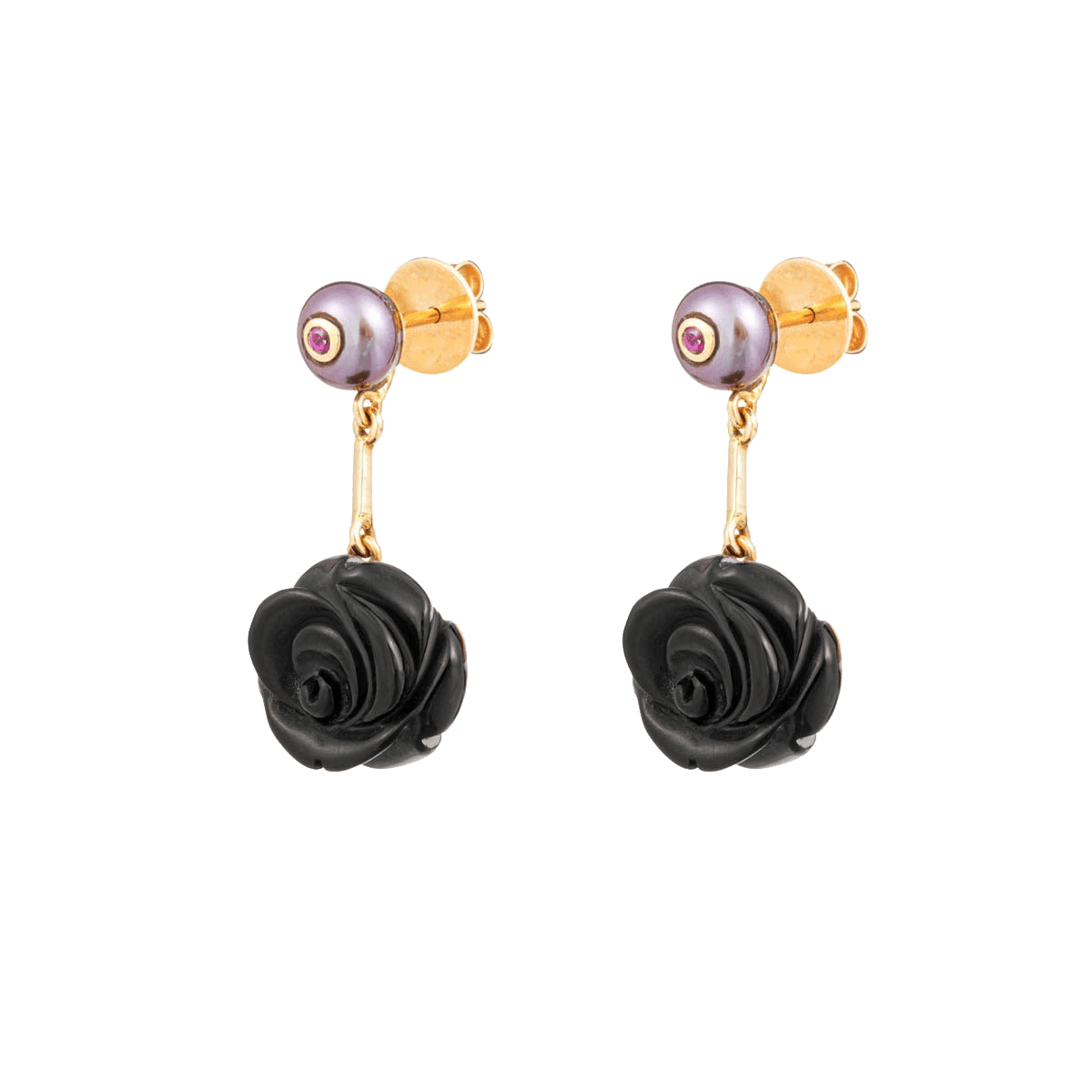Onyx, Ruby and Pearl Rose Drop Earrings image 0