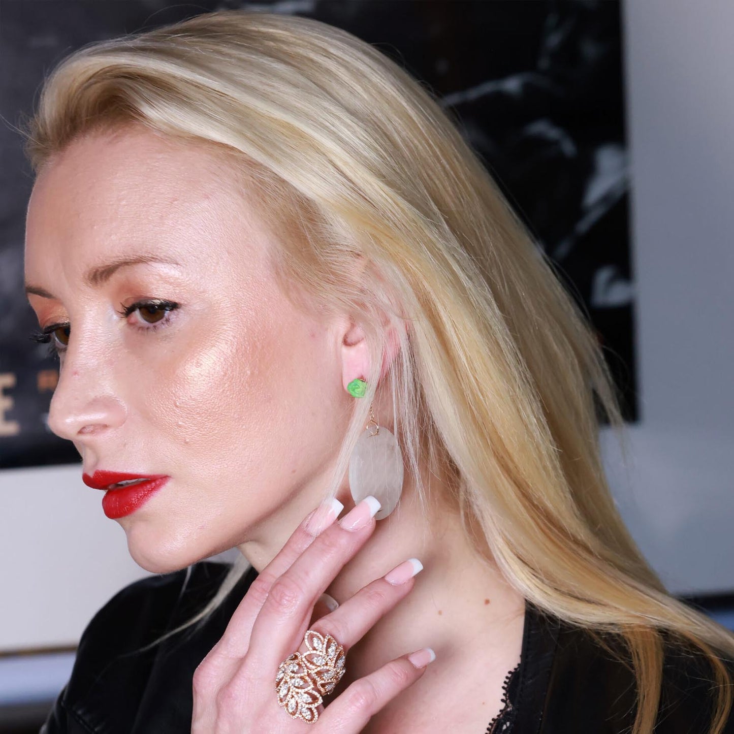 White Jade and Malachite Earrings in Gold 18K image 1