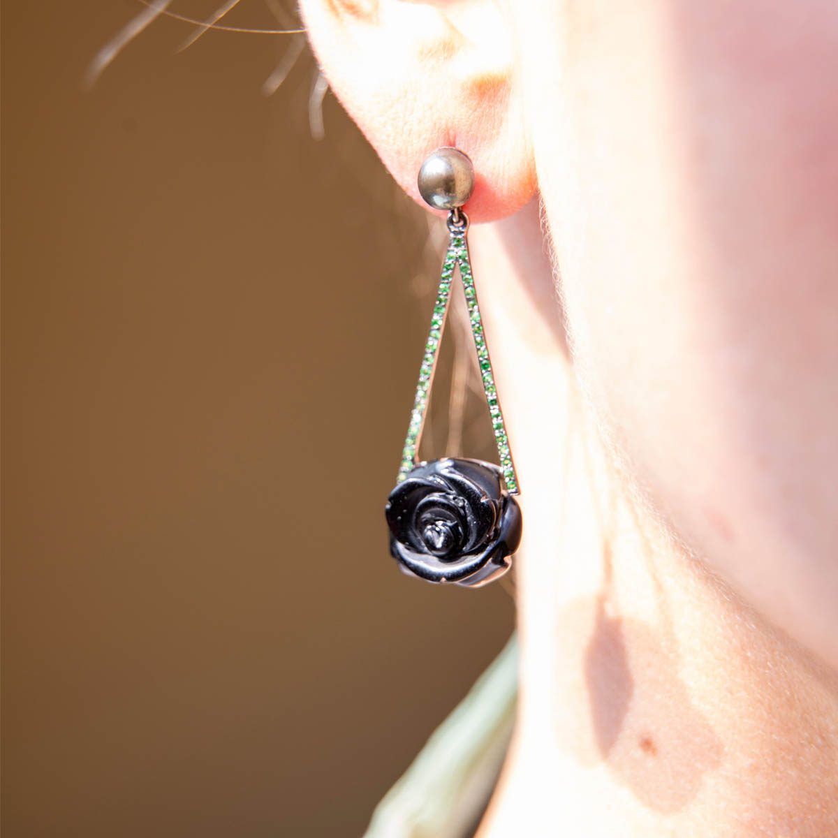 Onyx, Pearl & Tsavorite Rose Drop Earrings image 3