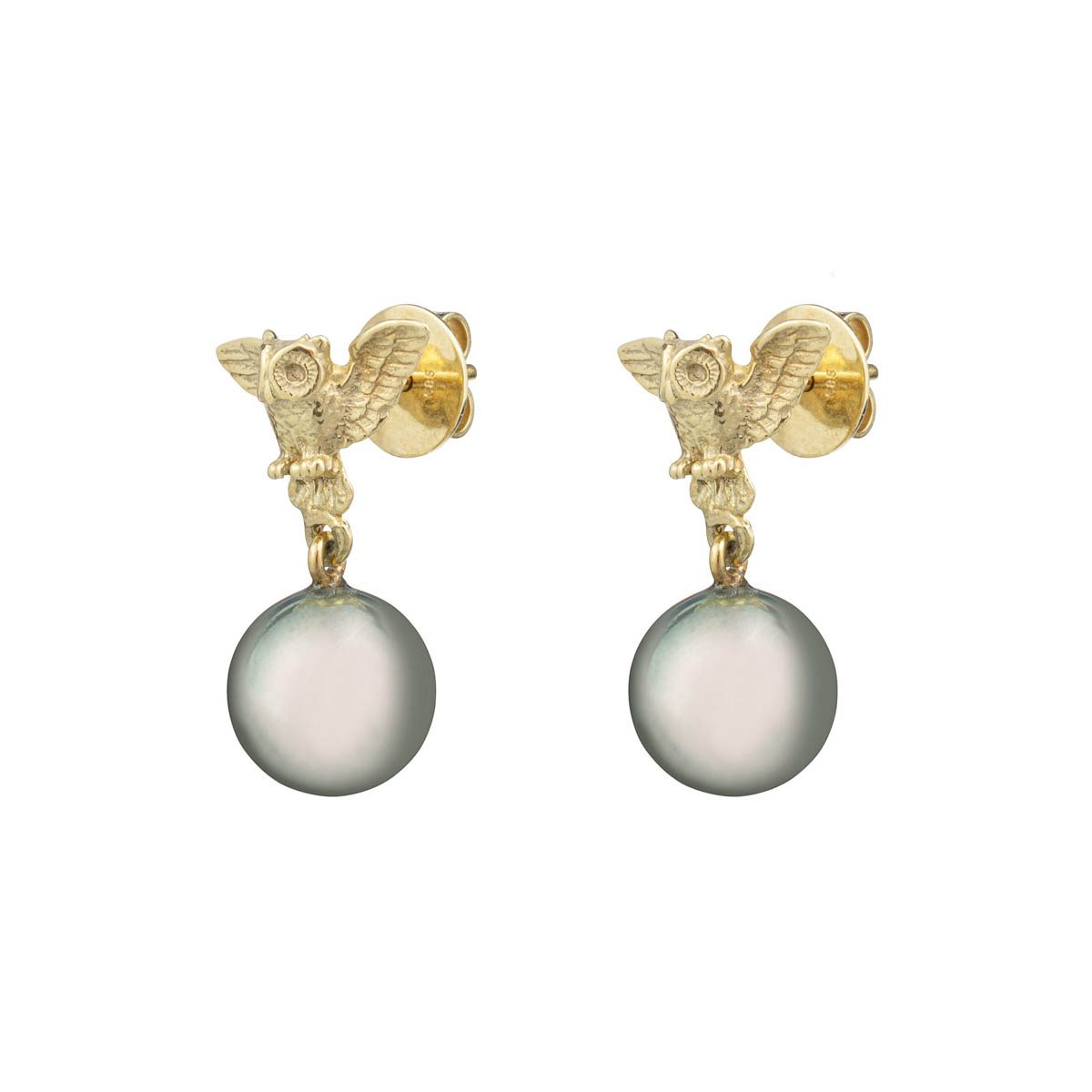 Yellow Gold & Grey Tahiti Pearl Owl Stud Earrings image 1