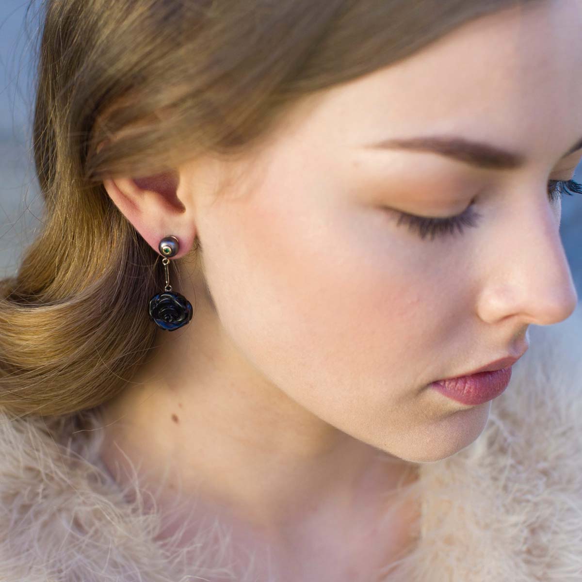 Onyx, Ruby and Pearl Rose Drop Earrings image 3