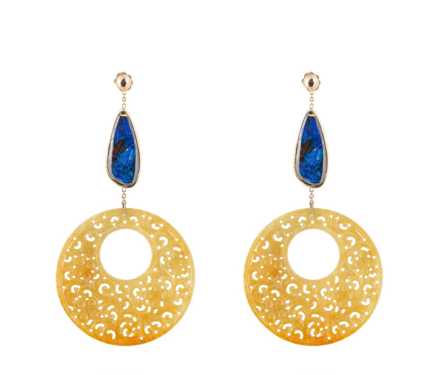 Honey Jade and Blue Opal Earrings in Yellow Gold 18k image 0