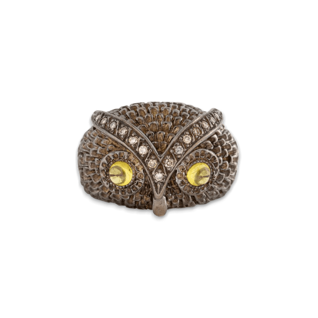 Silver, Diamond & Citrine Cabochon Owl Ring image 0