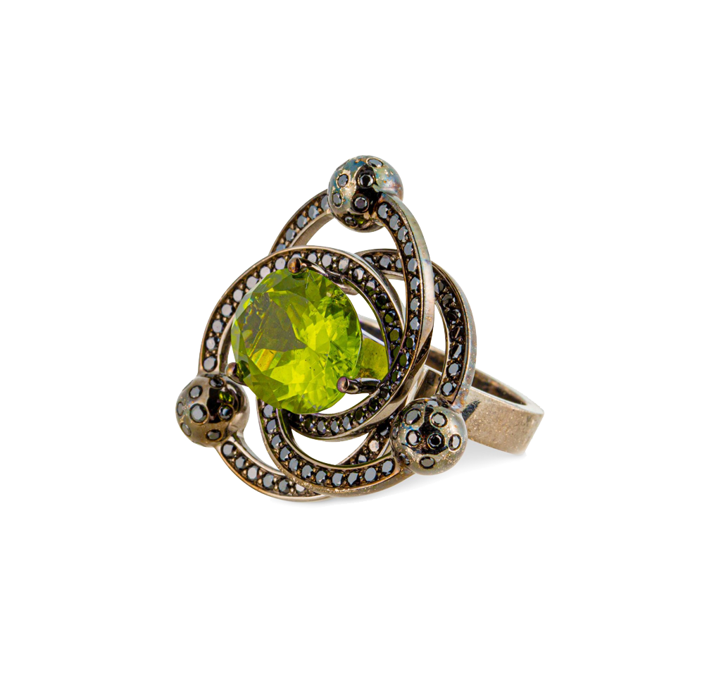 Peridot & Black diamonds in White Gold Rhodinated 18K image 0