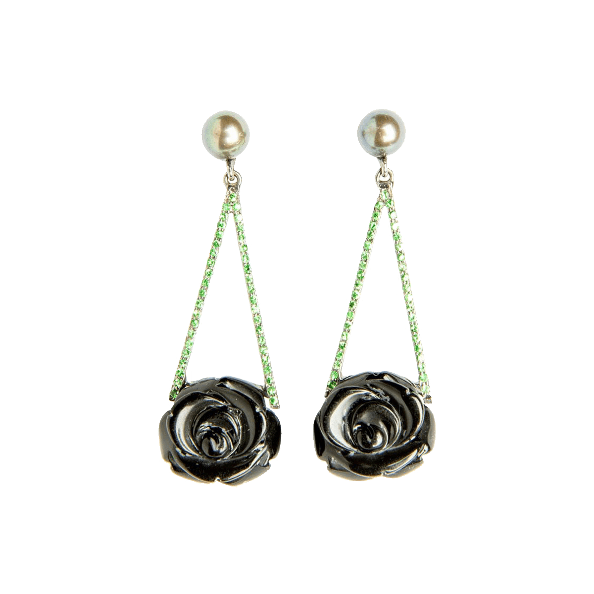 Onyx, Pearl & Tsavorite Rose Drop Earrings image 0