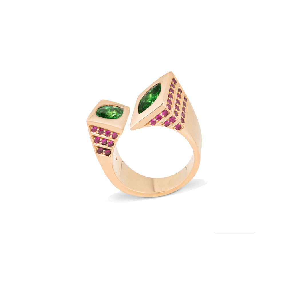 Architectural Tsavorites and Ruby Ring in Red Gold 18K image 0
