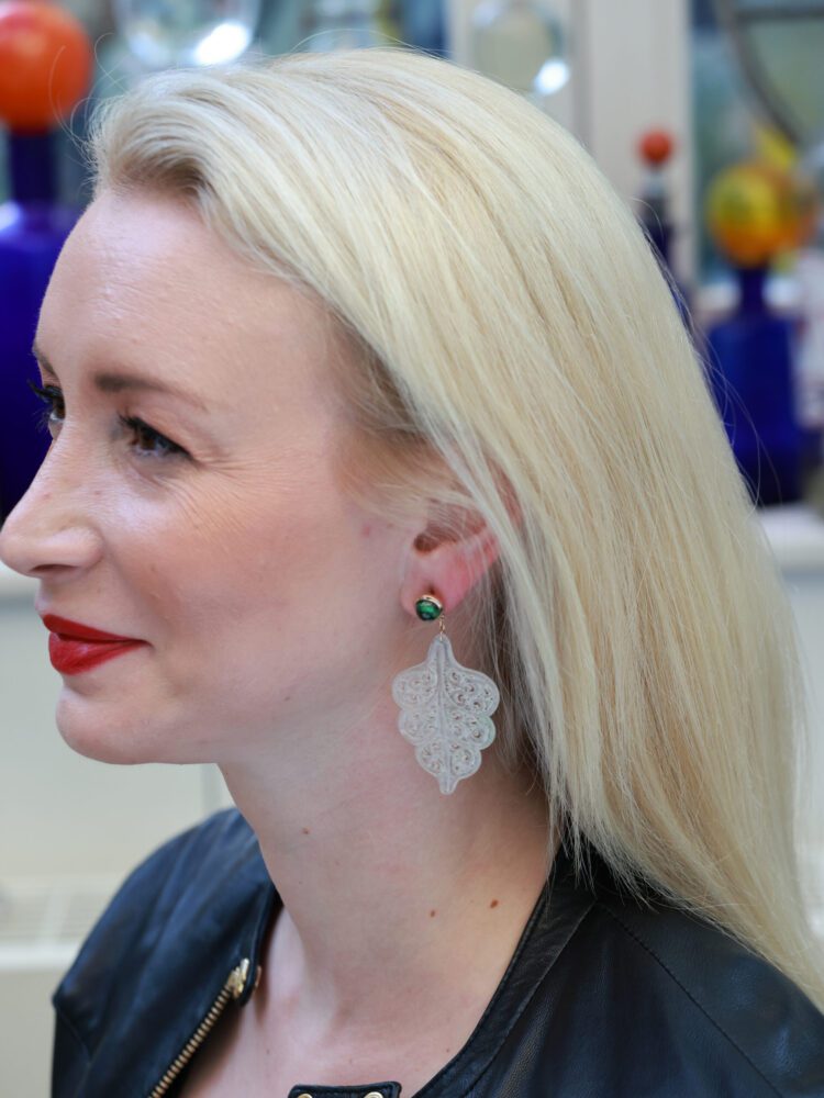 Jade Leaf and Tourmaline Earrings in Gold 18K image 1