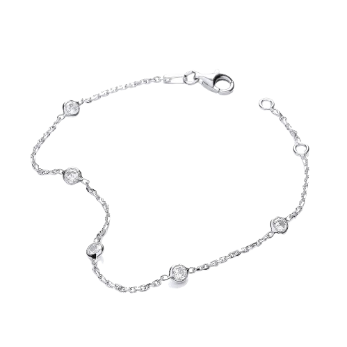 Silver Rh.Plated Rubover 5 Cz's Bracelet 7"