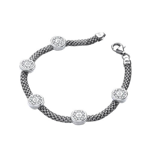 Ruthenium Mesh with Five Circles Cz's 7"/19cm Bracelet