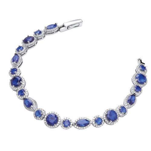 Marquise & Rounds Sapphire Blue Cz's in Halo with Clear Cz Tennis Silver Bracelet