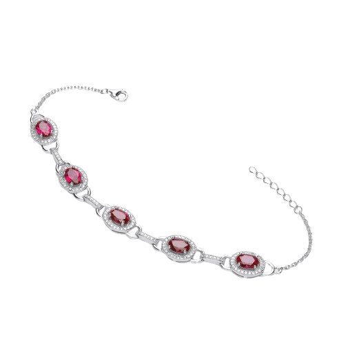 Red & Clear CZ's Halo Style Silver Bracelet