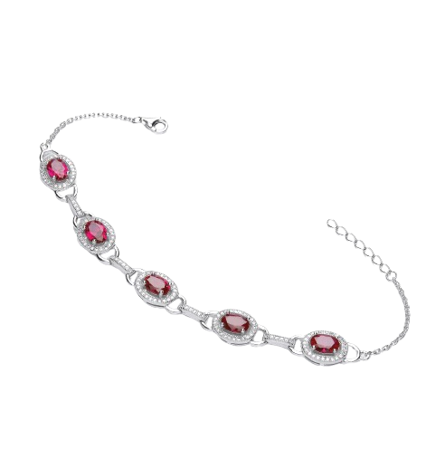 Red & Clear CZ's Halo Style Ladies Silver Bracelet