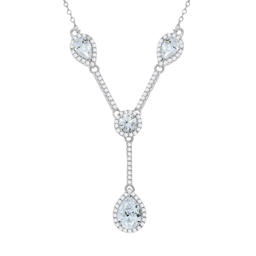 Silver Teardrop & Round Cz's Necklace 18"