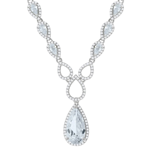 Silver Pear Shaped Drop Set Clear Cz's Necklace 18"