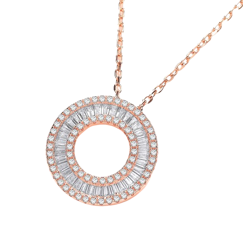 Rose Coated Silver Circle of Life Baguettes & Round Cz 17" Necklace