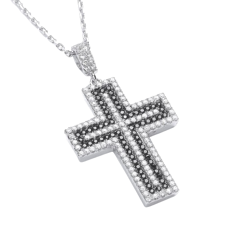 Micro Pave' Black & Clear CZ Cross with Chain