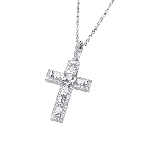 Micro Pave Round & Baguette CZs Cross with Chain