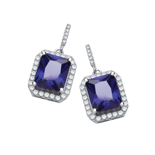 Micro Pave Emerald Cut Sappire Blue Cz Drop Earrings