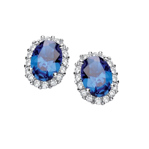 Oval Blue CZ Stud Silver Earrings