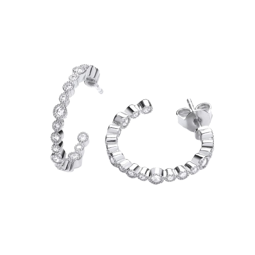 Mill Grain Edge Rubover set CZs Hoop Earrrings