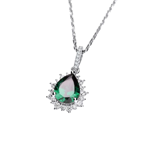 Silver Green Teardrop Cz Pendant with 18" Chain