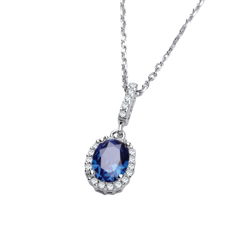 Oval Blue CZ Drop Pendant with 18" Chain
