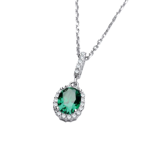 Oval Green CZ Drop Pendant with 18" Chain
