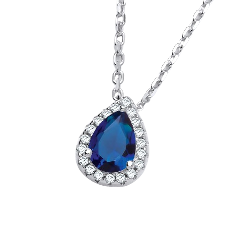 Teardrop Blue Cz Pendant with 18" Chain