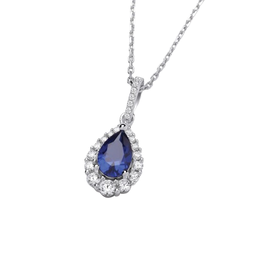 Blue Teardrop CZ Silver Pendant with Chain