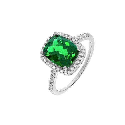 Micro Pave Emerald Colour Centre Silver Cz Ring