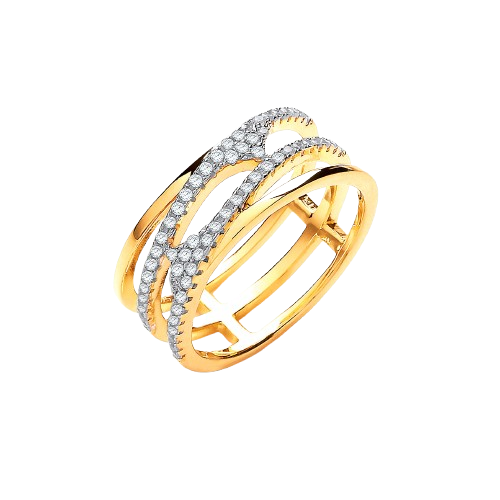 Yellow Gold Coated Silver, Three Row, Micro Pave Cz Ring
