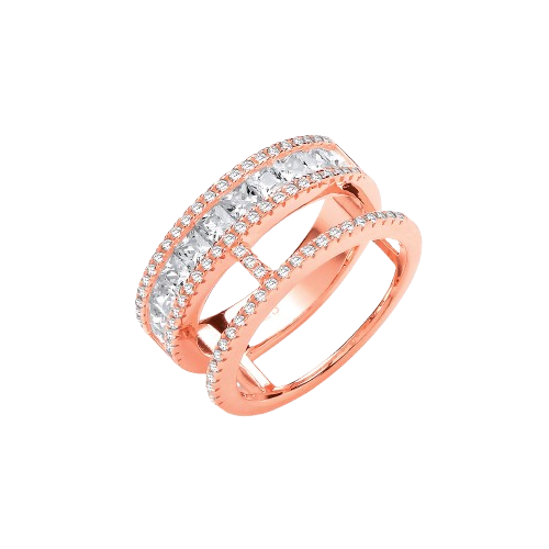 Princess Cut and Round Pave Cz Rose Gold Plated Silver Ring