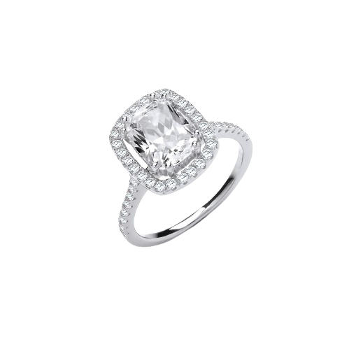 Halo Style High Setting Emerald Cut Cz Silver Ring