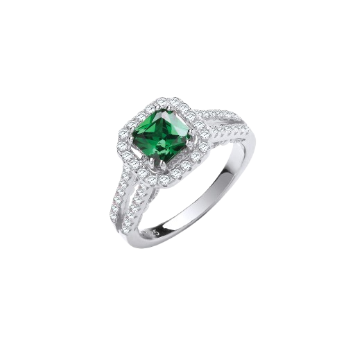 Green p/c Cz High Setting Split Shank Fancy Silver Ring