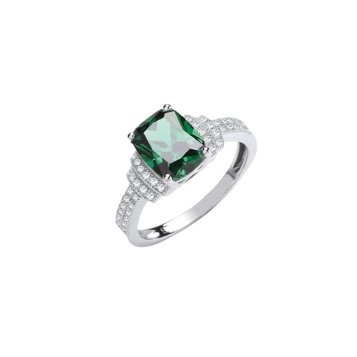 Emerald Cut Green Cz Centre with Clear Cz Silver Ring
